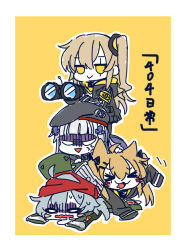 Rule 34 | &gt; &lt;, 404 (girls&#039; frontline), 404 logo (girls&#039; frontline), 4girls, :&gt;, :3, :d, anger vein, animal ears, arm up, armband, beret, binoculars, black headwear, black jacket, black ribbon, blank eyes, blunt bangs, blush, blush stickers, brown hair, cat ears, chibi, chibi only, chinese commentary, club hair ornament, coat, commentary request, dogpile, drooling, g11 (girls&#039; frontline), girls&#039; frontline, gloom (expression), green coat, green headwear, grey hair, hair between eyes, hair ornament, hair ribbon, hairclip, hat, headband, headpat, hk416 (girls&#039; frontline), holding, holding binoculars, jacket, jitome, long hair, long sleeves, lying, multiple girls, nervous sweating, o o, on stomach, one side up, open mouth, red headband, ribbon, scar, scar across eye, shaded face, sleeves past fingers, sleeves past wrists, smile, standing, su xiao jei, sweat, translation request, triangle mouth, twintails, ump45 (girls&#039; frontline), ump9 (girls&#039; frontline), v-shaped eyes, very long hair, wavy mouth, xd, yellow background, yellow eyes