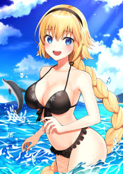 Rule 34 | 1girl, :d, bad id, bad pixiv id, bare arms, bare shoulders, bikini, black bikini, black hairband, blonde hair, blue eyes, blue sky, blush, braid, breasts, cleavage, cloud, cloudy sky, collarbone, commentary request, cowboy shot, day, dolphin, fate/grand order, fate (series), frilled bikini, frills, front-tie bikini top, front-tie top, hair between eyes, hair ornament, hairband, halterneck, highres, in water, jacket, jeanne d&#039;arc (fate), jeanne d&#039;arc (ruler) (fate), jeanne d&#039;arc (swimsuit archer) (fate), jeanne d&#039;arc (swimsuit archer) (first ascension) (fate), kiriri 22, large breasts, long hair, looking at viewer, navel, ocean, open mouth, outdoors, ponytail, single braid, sky, smile, solo, swimsuit, very long hair, wading, water, water drop
