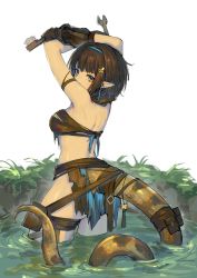 Rule 34 | 1girl, absurdres, arknights, arm strap, arms up, bandeau, bare shoulders, black gloves, blue eyes, blue hairband, brown bandeau, brown hair, brush, chinese commentary, commentary request, covered mouth, earrings, eunectes (arknights), feet out of frame, flower, from behind, gloves, grass, hair flower, hair ornament, hairband, highres, holding, holding brush, holding wrench, jewelry, looking back, multicolored eyes, outdoors, pointy ears, pouch, short hair, shouzhuabingyishujia, snake tail, solo, standing, tail, tail ornament, tassel, tassel earrings, wading, water, white background, wrench, yellow eyes