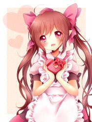 Rule 34 | 1girl, apron, bad id, bad pixiv id, blush, brown hair, gift, hat, himekaidou hatate, long hair, looking at viewer, necktie, open mouth, pointy ears, red eyes, sanotsuki, skirt, smile, solo, tokin hat, touhou, twintails, valentine