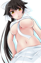 Rule 34 | 1girl, azur lane, black hair, blush, bow, breasts, brown eyes, from below, hair bow, hand on own hip, ichimi, large breasts, long hair, looking at viewer, navel, open mouth, ponytail, sarashi, skirt, solo, takao (azur lane), underboob
