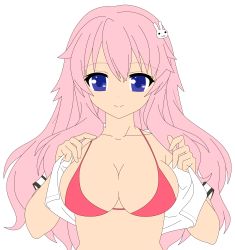 Rule 34 | 1girl, absurdres, baka to test to shoukanjuu, blue eyes, bra, breasts, hair ornament, hairclip, highres, himeji mizuki, large breasts, long hair, open clothes, open shirt, pink hair, school uniform, shirt, simple background, smile, tagme, third-party edit, underwear, undressing, vector trace