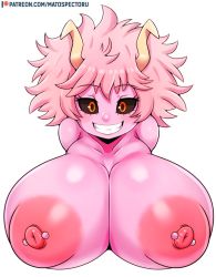 Rule 34 | 1girl, ashido mina, black sclera, boku no hero academia, breasts, collarbone, colored sclera, colored skin, horns, huge breasts, large areolae, looking at viewer, mato spectoru, nipple piercing, nipples, piercing, pink hair, pink skin, smile, solo, white background, yellow eyes