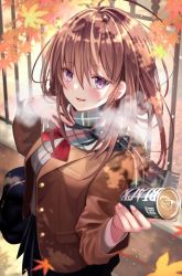 Rule 34 | 1girl, ahoge, artist name, autumn leaves, bag, black skirt, blazer, breath, brown hair, can, drink, fingernails, hair between eyes, hands up, highres, holding, holding can, jacket, long hair, long sleeves, looking at viewer, messy hair, nozomi fuuten, open clothes, open jacket, open mouth, original, plaid, plaid scarf, pleated skirt, purple eyes, scarf, sidelocks, signature, skirt, smile, solo, standing