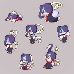 Rule 34 | 1girl, animal ears, ass, bare shoulders, blue hair, blue skin, breasts, chibi, colored skin, detached collar, detached sleeves, hair over one eye, highres, leviathan (skullgirls), long skirt, medium breasts, purple hair, rabbit ears, rabbit tail, side ponytail, skirt, skull, skullgirls, squigly (skullgirls), stitched mouth, stitches, striped legwear, striped sleeves, tail, tasmania53, zombie