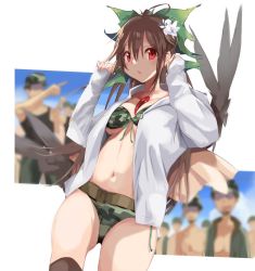 Rule 34 | 1girl, 6+boys, :o, belt, bikini, bow, breasts, brown hair, camouflage, camouflage bikini, flower, green bow, hair between eyes, hair bow, hair flower, hair ornament, hands up, highres, hood, hoodie, long sleeves, looking at viewer, multiple boys, navel, open clothes, open hoodie, red eyes, reiuji utsuho, small breasts, solo focus, stomach, swimsuit, tetsurou (fe+), touhou, white background, white flower