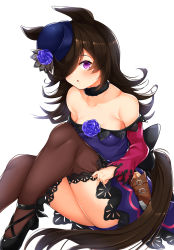 Rule 34 | 1girl, animal ears, bare shoulders, black collar, black footwear, black hair, blue flower, blue hat, blue rose, blush, breasts, brown thighhighs, collar, commentary request, dagger, daichi (tokoya), dress, flower, fur collar, hair over one eye, hat, hat flower, highres, horse ears, horse girl, knife, lace, lace-trimmed dress, lace-trimmed legwear, lace trim, long hair, long sleeves, looking at viewer, off-shoulder dress, off shoulder, parted lips, purple dress, purple eyes, rice shower (umamusume), rose, scabbard, sheath, sheathed, shoes, simple background, sitting, small breasts, solo, tail, thighhighs, thighs, umamusume, weapon, white background