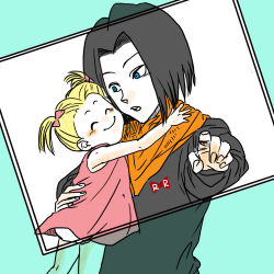 Rule 34 | 1boy, 1girl, android 17, black hair, blonde hair, closed eyes, dragon ball, dragonball z, family, marron (dragon ball), pointing, simple background, smile, twintails, uncle and niece, upper body