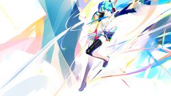 Rule 34 | 1girl, abstract background, aqua eyes, aqua hair, aqua necktie, arm up, black sleeves, boots, catch the wave (vocaloid), commentary, detached sleeves, foot up, full body, hatsune miku, headset, highres, looking at viewer, multicolored background, necktie, number tattoo, open mouth, skirt, smile, solo, tattoo, thigh boots, tiptoes, twintails, vocaloid, white background, yyb