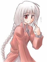 Rule 34 | 00s, 1girl, :d, archer (fate), archerko (himura kiseki), braid, fate/stay night, fate (series), himura kiseki, jacket, long hair, long sleeves, looking at viewer, open mouth, pointing, pointing at self, red eyes, red jacket, silver hair, simple background, single braid, smile, solo, upper body, very long hair, white background