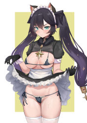 Rule 34 | 1girl, absurdres, alternate costume, animal ear fluff, animal ears, bikini, black gloves, black hair, blush, border, breasts, brooch, cameltoe, cat ears, choker, cleft of venus, closed mouth, clothes lift, dnumde, frilled skirt, frills, fur collar, genshin impact, gloves, gradient hair, green eyes, highres, jewelry, long hair, maid, maid bikini, maid headdress, medium breasts, micro bikini, mona (genshin impact), multicolored hair, purple hair, shrug (clothing), side-tie bikini bottom, skirt, skirt lift, solo, sweat, swimsuit, tearing up, thighhighs, thighs, twintails, unconventional maid, v-shaped eyebrows, wet, white border, white thighhighs, wrist cuffs