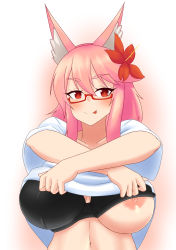 Rule 34 | 1girl, animal ears, blush, bra, breasts, elysia watanabe, flower, fox ears, glasses, hair flower, hair ornament, highres, large breasts, looking at viewer, nipple slip, nipples, one breast out, original, pink hair, puffywaffles, red eyes, shirt, smile, solo, t-shirt, tongue, tongue out, underwear, undressing, upper body