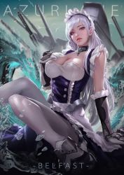 Rule 34 | 1girl, azur lane, belfast (azur lane), braid, breasts, broken, broken chain, cglas, chain, chain, character name, cleavage, collar, copyright name, gloves, large breasts, long hair, looking at viewer, maid, maid headdress, outdoors, parted lips, purple eyes, ship, silver hair, sitting, solo, turret, water, watercraft, white gloves, white legwear
