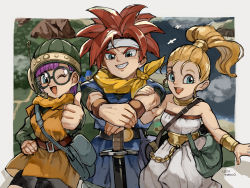 Rule 34 | 1boy, 2girls, :d, aqua eyes, artist name, ascot, bag, bare shoulders, belt, blonde hair, chain, chrono trigger, clenched teeth, commentary, cowboy shot, crono (chrono trigger), glasses, green bag, hand on own hip, handbag, helmet, high ponytail, highres, holding another&#039;s arm, looking at viewer, lucca ashtear, marle (chrono trigger), multiple girls, muscular, muscular male, one eye closed, open mouth, outdoors, purple hair, red hair, shadow, smile, spiked hair, sword, teeth, thick eyebrows, tunic, upper teeth only, uzutanco, weapon, yellow ascot