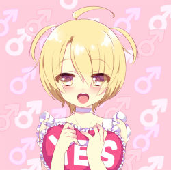Rule 34 | 10s, 1boy, ahoge, androgynous, bad id, bad pixiv id, blonde hair, blush, love stage!!, male focus, mars symbol, msp sammy, open mouth, pillow, sena izumi (love stage!!), short hair, smile, solo, trap, yellow eyes, yes-no pillow, aged down