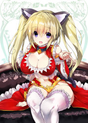 Rule 34 | 1girl, animal ears, bad id, bad pixiv id, bare shoulders, blonde hair, breasts, cat ears, cat girl, cleavage, clothing cutout, couch, detached sleeves, dress, female focus, frilled dress, frilled sleeves, frills, hair between eyes, highres, huge breasts, legs together, long hair, long skirt, long twintails, looking at viewer, navel, navel cutout, noto kurumi, on couch, open mouth, original, purple eyes, sitting, skirt, sleeveless, sleeveless dress, smile, solo, thighhighs, thighs, twintails, white thighhighs