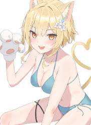 Rule 34 | 1girl, alternate costume, animal ear fluff, animal ears, animal hands, bikini, blonde hair, blue bikini, breasts, cat ears, cat girl, cat tail, cleavage, commentary request, flower, genshin impact, gloves, hand up, highres, higuma29, large breasts, light blush, looking at viewer, lumine (genshin impact), medium breasts, medium hair, open mouth, orange eyes, paw gloves, simple background, smile, solo, swimsuit, tail, teeth, thigh strap, tongue, white background, white flower, white gloves