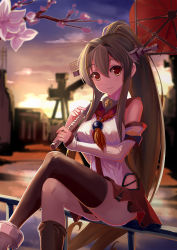 Rule 34 | 10s, 1girl, black thighhighs, breasts, brown hair, clothes between thighs, crossed legs, dance of eternity, detached sleeves, flower, headgear, highres, hip vent, holding, kantai collection, large breasts, light smile, long hair, long sleeves, looking at viewer, miniskirt, pleated skirt, ponytail, red eyes, single thighhigh, sitting, skirt, smile, solo, thighhighs, umbrella, very long hair, yamato (kancolle)
