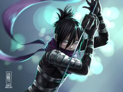 Rule 34 | 1boy, artist name, black bodysuit, black hair, blue eyes, bodysuit, commentary, english commentary, facial hair, folded ponytail, highres, holding, holding sword, holding weapon, jeannette11, katana, male focus, ninja, one-punch man, onsoku no sonic, purple scarf, scarf, signature, smile, solo, sword, weapon