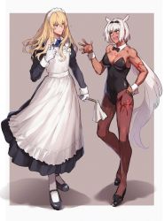 Rule 34 | alternate costume, animal ears, blonde hair, blue eyes, bow, bowtie, breasts, caenis (fate), cleavage, crossdressing, dark-skinned female, dark skin, detached collar, dress, duster, enmaided, fate/grand order, fate (series), gloves, grey eyes, hand on own hip, highres, kirschtaria wodime, long hair, maid, maid headdress, nail polish, pantyhose, playboy bunny, sabamori11, thumbs up, white gloves, white hair, wrist cuffs