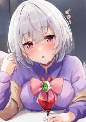 Rule 34 | 1girl, alcohol, blush, bow, bowtie, breasts, collared dress, cup, dress, drinking glass, drunk, grey hair, hair between eyes, highres, kishin sagume, large breasts, long sleeves, looking at viewer, niko kusa, open mouth, purple dress, red bow, red bowtie, red eyes, short hair, solo, touhou, wine, wine glass