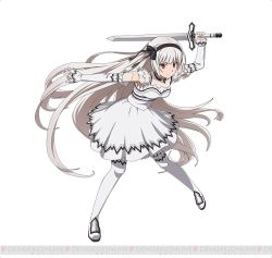 Rule 34 | 10s, 1girl, character request, detached sleeves, dress, holding, holding sword, holding weapon, long hair, looking at viewer, red eyes, silver hair, simple background, solo, sword, sword art online, sword art online: code register, thighhighs, watermark, weapon, white background, white dress, white thighhighs