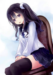 Rule 34 | 1girl, 54hao, bad id, bad pixiv id, black eyes, black hair, black thighhighs, from side, hair between eyes, hair ornament, hair scrunchie, highres, long hair, long sleeves, looking at viewer, miniskirt, on chair, open mouth, original, pleated skirt, school uniform, scrunchie, side ponytail, sitting, skindentation, skirt, solo, thighhighs, zettai ryouiki