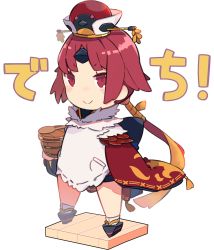 Rule 34 | 1girl, apron, benienma (fate), bow, chibi, commentary request, fate/grand order, fate (series), feather trim, full body, geta, hair ribbon, hat, highres, long sleeves, looking at viewer, pekeko (pepekekeko), pocket, ponytail, red eyes, red hair, ribbon, rice cooker, shamoji, smile, solo, standing, translation request, white background, wide sleeves, wood
