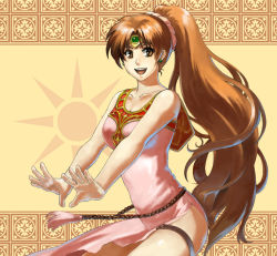 Rule 34 | 1girl, :d, brown eyes, brown hair, circlet, dress, earrings, female focus, fire emblem, fire emblem: mystery of the emblem, fire emblem: shadow dragon, jewelry, linde (fire emblem), long hair, maruchi (zens24), nintendo, no panties, open mouth, ponytail, side slit, sleeveless, smile, solo, thigh strap, very long hair