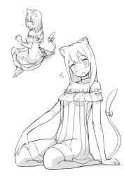 Rule 34 | 1girl, :o, animal ear fluff, animal ears, bare shoulders, barefoot, blush, bow, cat ears, cat girl, cat tail, choker, collarbone, dress, flying sweatdrops, greyscale, hair between eyes, head tilt, looking at viewer, monochrome, multiple views, off-shoulder dress, off shoulder, open mouth, original, saiste, see-through, seiza, shadow, sitting, tail, tail bow, tail ornament, tail raised, white background