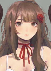 Rule 34 | 1girl, bra, breasts, brown eyes, brown hair, choker, cleavage, closed mouth, commentary, commission, english commentary, flower, grey background, hair flower, hair ornament, highres, k1ruse, light frown, long hair, looking at viewer, medium breasts, original, red choker, red flower, ribbon choker, simple background, solo, underwear, white bra