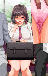 Rule 34 | 1girl, 2boys, aneshiko, bag, blush, braid, breasts, breath, briefcase, brown hair, brown sailor collar, brown skirt, chikan, clenched hands, close-up, closed eyes, collarbone, drooling, erect clitoris, hair ribbon, hand up, hetero, highres, holding, holding bag, indoors, knees together feet apart, large breasts, long sleeves, miniskirt, multiple boys, multiple views, necktie, nose blush, open mouth, original, panties, pink panties, pink ribbon, pleated skirt, pussy juice, red necktie, ribbon, sailor collar, saliva, school bag, school briefcase, school uniform, seat, serafuku, shiny clothes, shirt, short hair, sidelocks, single braid, sitting, skirt, solo focus, straight-on, sweat, tears, teeth, train interior, trembling, u u, underwear, wet, wet clothes, wet panties, white shirt, window