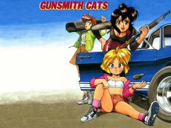 Rule 34 | 1990s (style), 3girls, bandaid, bandeau, bent over, black eyes, black hair, blonde hair, bob cut, boombox, breasts, brown hair, car, dark-skinned female, dark skin, explosive, ford, ford mustang, ford mustang (1st generation), green eyes, grenade, gun, gunsmith cats, jacket, midriff, minnie may hopkins, misty brown, motor vehicle, multiple girls, pump action, rally vincent, retro artstyle, shelby gt500, short hair, short shorts, shorts, shotgun, sidelocks, sitting, small breasts, smile, strapless, tube top, vehicle, wallpaper, weapon