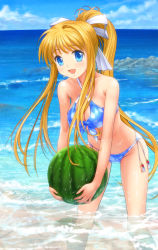 Rule 34 | 00s, 1girl, :d, air (visual novel), beach, bikini, blonde hair, blue eyes, blush, breasts, cleavage, collarbone, criss-cross halter, food, front-tie top, fruit, groin, hair ribbon, halterneck, highres, holding, kamio misuzu, key (company), leaning forward, long hair, medium breasts, mutsuki (moonknives), ocean, open mouth, outdoors, partially submerged, ponytail, ribbon, shiny skin, smile, solo, swimsuit, very long hair, wading, water, watermelon, wet