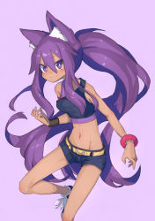 Rule 34 | 1girl, absurdres, animal ear fluff, animal ears, bare shoulders, belt, belt buckle, black shorts, blush, borrowed character, bracelet, breasts, buckle, cat ears, closed mouth, crop top, dark-skinned female, dark skin, facing viewer, female focus, fukutchi, groin, highres, jewelry, leg up, legs, long hair, midriff, navel, original, pink background, ponytail, purple eyes, purple hair, shoes, short shorts, shorts, simple background, slit pupils, smile, solo, standing, standing on one leg, tank top, thighs, very long hair, wristband