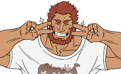 Rule 34 | 1boy, beard, blush, closed mouth, double v, emotional engine - full drive, facial hair, fate/grand order, fate (series), feiya6022, hands up, highres, iskandar (fate), looking at viewer, male focus, muscular, parody, pectorals, red hair, shirt, simple background, smile, solo, sparkle, star (symbol), t-shirt, v, white background