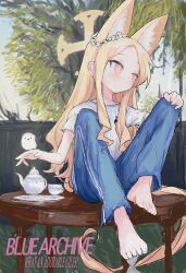 Rule 34 | 1girl, alternate costume, animal ears, barefoot, bird, bird on hand, blonde hair, blue archive, blue pants, blush, closed mouth, copyright name, cup, feet, halo, hand on own knee, highres, long hair, pants, pink eyes, plate, reitoubeef, seia (blue archive), shirt, sitting, sitting on table, solo, table, tail, teapot, toenails, toes, tree, very long hair, white shirt