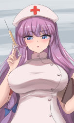 Rule 34 | 1girl, alternate costume, blue eyes, blush, breasts, dress, from below, grey background, hat, highres, holding, holding needle, large breasts, long hair, looking at viewer, namiki (remiter00), needle, nurse, nurse cap, patchouli knowledge, purple hair, simple background, solo, syringe, touhou, very long hair