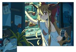 Rule 34 | 2girls, apple, asahi breweries, beer can, calendar (object), can, drink can, food, fruit, guozimiao, hakurei reimu, highres, ibuki suika, loose clothes, loose shirt, messy hair, multiple girls, night, plant, potted plant, refrigerator, refrigerator interior, shirt, sleeping, sleeping on person, spill, touhou, watermelon