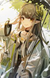 Rule 34 | 1girl, absurdres, arknights, black choker, blush, chinese commentary, choker, closed mouth, coat, collarbone, commentary request, elf, green hair, hand up, highres, holding, holding umbrella, id card, infection monitor (arknights), laurel crown, long hair, long sleeves, looking at viewer, mole, mole under eye, muelsyse (arknights), open clothes, open coat, pointy ears, shuoruoranxing, sidelocks, smile, solo, umbrella, upper body, water drop, white coat