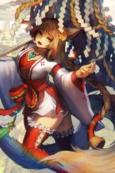 Rule 34 | 1girl, animal ears, ass, bad id, bad pixiv id, braid, brown hair, commentary request, copyright request, fang, flower, frilled thighhighs, frills, hair flower, hair ornament, highres, japanese clothes, long hair, magatama, mole, mole under eye, mole under mouth, noixen, open mouth, red thighhighs, solo, thighhighs, very long hair