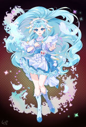 Rule 34 | 1girl, :d, blue dress, blue eyes, blue hair, boots, collarbone, cure ange, dress, floating hair, full body, highres, hugtto! precure, knee boots, layered dress, long hair, looking at viewer, multicolored clothes, multicolored dress, open mouth, precure, shipu (gassyumaron), short dress, smile, solo, standing, very long hair, white dress, white footwear, wrist cuffs, yakushiji saaya