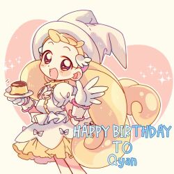 Rule 34 | 1girl, :d, blonde hair, blush, commentary, dress, english commentary, food, gloves, hands up, happy birthday, hat, holding, holding plate, long hair, looking at viewer, low twintails, magical girl, makihatayama hana, ojamajo doremi, open mouth, plate, pudding, puffy short sleeves, puffy sleeves, short sleeves, smile, solo, sparkle, standing, suzuki (2red moon3), twintails, very long hair, white dress, white gloves, white hat, wing hair ornament