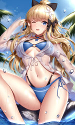 Rule 34 | 1girl, aqua bikini, bare shoulders, bikini, black bow, blonde hair, blush, bow, breasts, cleavage, collarbone, elf, flower, hair bow, hair flower, hair ornament, highres, large breasts, layered bikini, long hair, looking at viewer, navel, o-ring, o-ring bikini, one eye closed, open mouth, pointy ears, princess connect!, saren (princess connect!), saren (summer) (princess connect!), smile, solo, swimsuit, thighs, wet, wsman