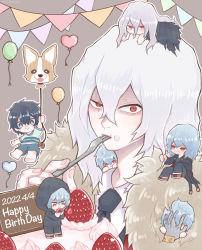 Rule 34 | 6+boys, aged down, animal balloon, balloon, black hair, black necktie, black pants, blue hair, boku no hero academia, brown background, cake, chibi, child, clone, closed mouth, collared shirt, commentary request, disembodied hand, eating, food, food on face, fork, fruit, fur trim, grey eyes, grey hair, hair between eyes, happy birthday, heart balloon, highres, holding, holding balloon, holding food, holding fork, hood, hood up, hooded jacket, inukai (inuuowoukai), jacket, long hair, long sleeves, looking at viewer, lying, male focus, mini person, miniboy, mole, mole under mouth, multiple boys, multiple persona, necktie, on stomach, outline, pants, pennant, red eyes, scar, scar across eye, scar on face, shigaraki tomura, shirt, short hair, shorts, simple background, sitting, sitting on shoulder, smile, standing, strawberry, string of flags, white outline, white shirt