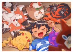 Rule 34 | 1boy, :d, abe (kumayu), ash ketchum, black hair, blurry, blurry foreground, blush, border, closed eyes, commentary request, creatures (company), game freak, gen 1 pokemon, gen 4 pokemon, gen 7 pokemon, hands up, highres, lycanroc, lycanroc (dusk), lying, male focus, nintendo, on back, open mouth, pikachu, poipole, pokemon, pokemon (anime), pokemon (creature), pokemon sm (anime), rotom, rotom dex, rowlet, shirt, short hair, short sleeves, sleeping, smile, striped clothes, striped shirt, t-shirt, torracat, ultra beast, white border, wooden floor