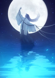Rule 34 | 1girl, blue theme, commentary request, dancing, closed eyes, floating hair, full moon, hakama, hakama skirt, highres, holding, japanese clothes, long hair, long sleeves, miko, monochrome, moon, original, profile, ripples, sachi (yumemayoi), skirt, solo, wide sleeves