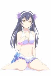 Rule 34 | 1girl, bikini, bikini skirt, blue hair, bracelet, commentary request, earrings, flower, frilled bikini, frills, hair between eyes, hair flower, hair ornament, hand on own chest, hibiscus, highres, jewelry, long hair, looking at viewer, love live!, love live! school idol project, natsuiro egao de 1 2 jump!, necklace, simple background, sitting, solo, sonoda umi, super-saiya-0173, swimsuit, wariza, yellow eyes