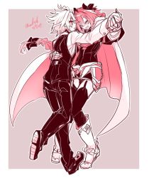 Rule 34 | 2boys, armor, astolfo (fate), black bow, black pants, black vest, blush, boots, bow, braid, brown background, cloak, commentary request, dancing, fang, fate/apocrypha, fate (series), formal, fur trim, garter straps, gauntlets, hair bow, hair intakes, hair ribbon, holding hands, haoro, long sleeves, male focus, multicolored hair, multiple boys, open mouth, pants, pink hair, red eyes, ribbon, shirt, sieg (fate), signature, simple background, sketch, skin fang, suit, sweatdrop, thighhighs, two-tone hair, vest, white background, white hair, white shirt, yaoi