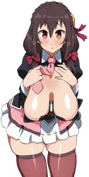 Rule 34 | 10s, 1girl, alternate breast size, blush, bow, braid, breasts, brown hair, cleavage, eyebrows visible through hair, hair bow, hanging breasts, highres, holding, holding necktie, huge breasts, komusou (jinrikisha), kono subarashii sekai ni shukufuku wo!, leaning forward, long hair, looking at viewer, low twintails, necktie, no bra, parted lips, red bow, red eyes, sagging breasts, simple background, solo, standing, thick thighs, thighhighs, thighs, tied hair, twintails, white background, yunyun (konosuba), zettai ryouiki